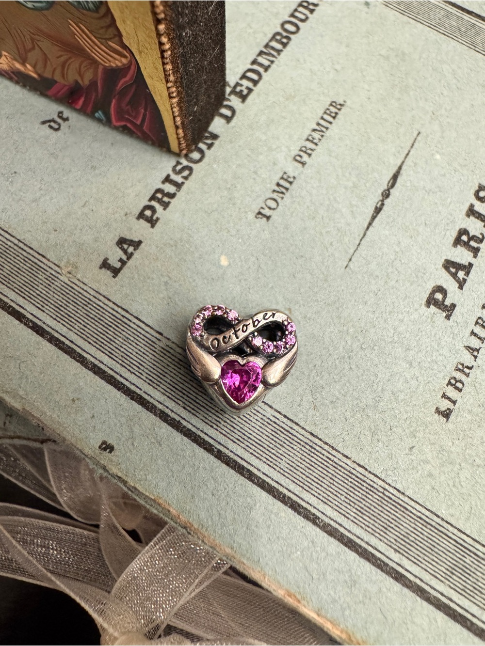 October Heart Birthstone Charm with Pink Crystals & Angel Wings